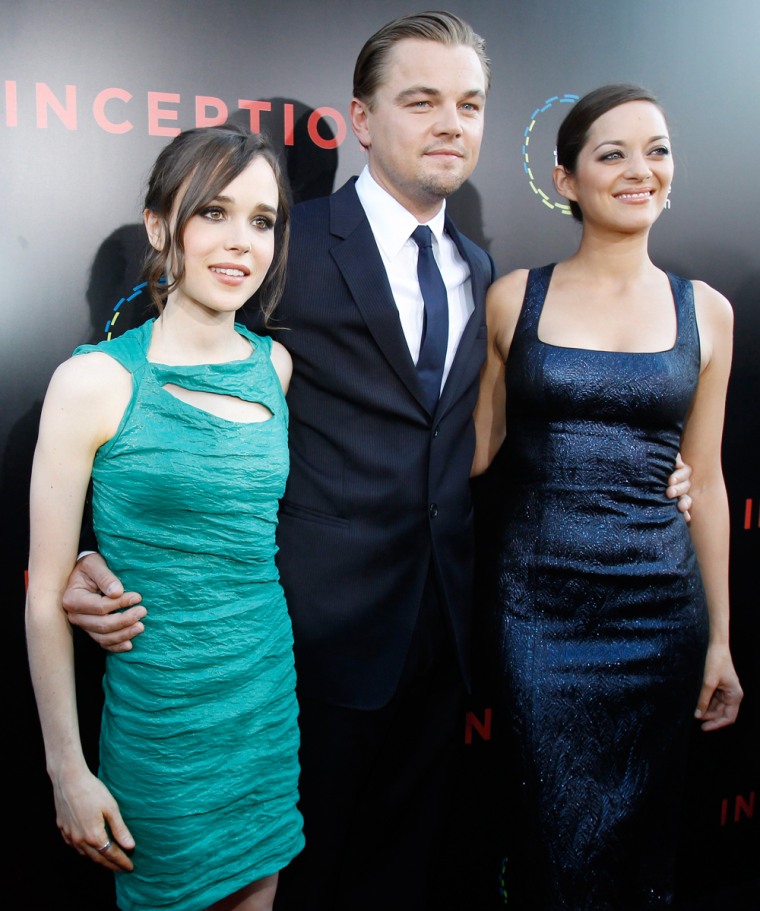 Image: DiCaprio poses with co-stars Cotillard and Page at the premiere of \"Inception\" at the Grauman's Chinese theatre in Hollywood